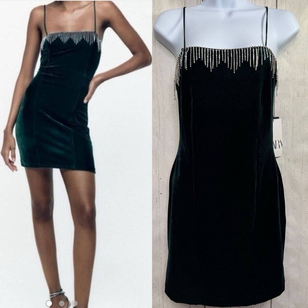 Zara Velvet Rhinestone Fringe Mini Dress Green M Holiday Glam Party Night NWT